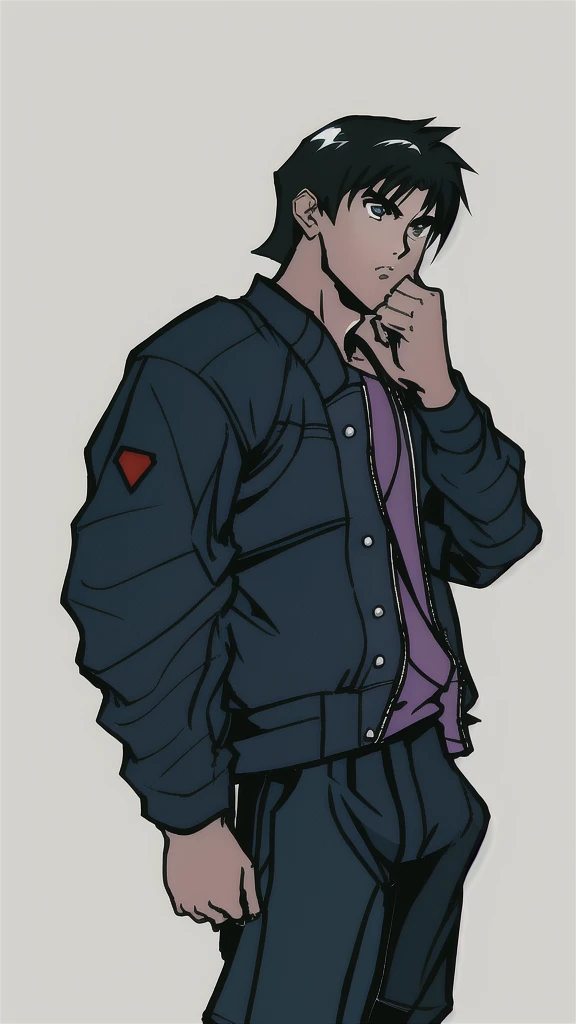 boy in a bomber jacket, detailed hands, aesthetic hands, perfect hands, black hair, minimalist design, clean lines, detailed figures, simple composition, Lineart, like fighting game artwork, tetsuya nomura art, kinu nishimura art,