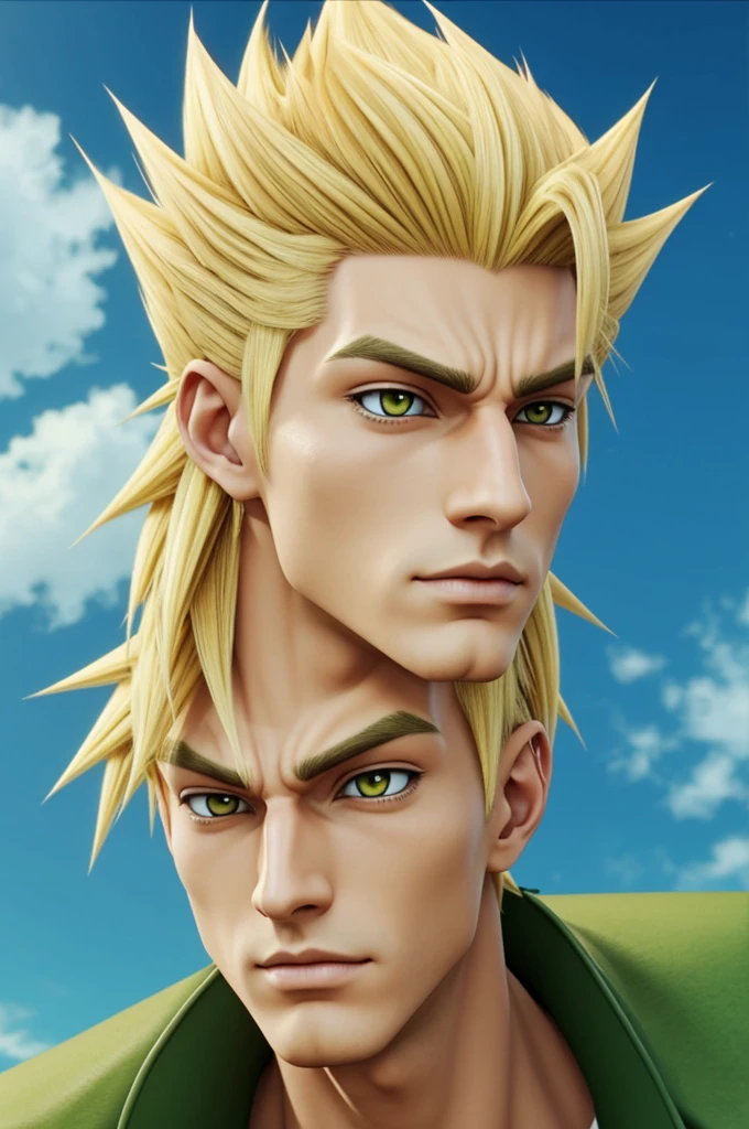 A tall man who looks like a lizard has a pointed snout and has blonde spiky hair in an anime style 