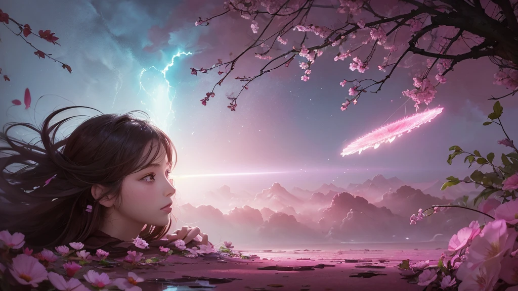 32k, Masterpiece, Highest quality, One girl, Detailed eyes, flower,Sandersonia, Pink and brown style,A dreamy, romantic piece,Pale pink, Mysterious Leaves,A playful arrangement,Fantasy,High Contrast,Ink strokes,explosion,Exposure, Impression of pink and brown tones,Abstract,((Watercolours by John Berkey and Jeremy Mann )) Brush strokes,Negative Space, Tyndall effect,