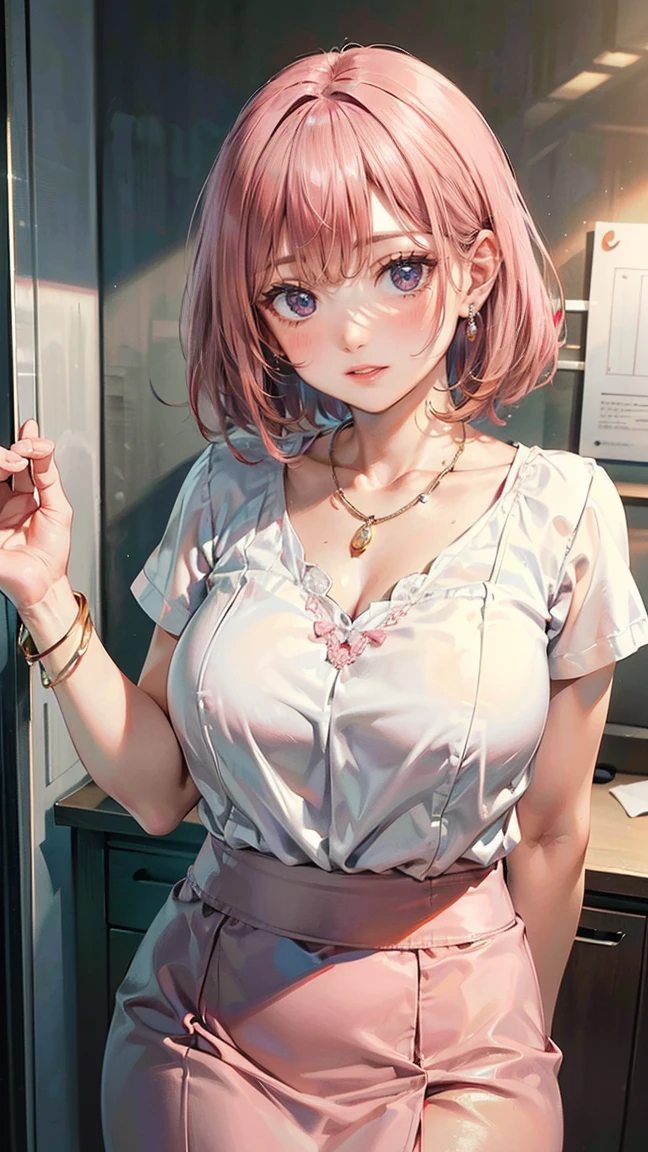 (Masterpiece, BestQuality:1.3), (ultra detailed:1.2), (hyperrealistic:1.3), (RAW photo:1.2), High detail RAW color photo, professional photograph, (Photorealistic:1.4), (realistic:1.4), professional lighting, perfect anatomy, (Big Breasts:1.2), (blush, detailed face), (cheerful Smile:1.5), Trending Hair&Trending Hairカラーをランダムに, earrings, necklace, bracelet, sexy, erotic sexy, Random sexy gravure poses, (Sexy beauty in a white blouse and skirt is smiling while doing serious work in the office。Her short pink hair gives her an intellectual impression.。: 1.3)