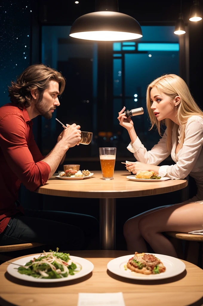 Imagine a scenario where a romantic dinner is mistaken for an audition for an intergalactic cooking reality show.. Design a scene where a full film crew is present, filmando tudo, while the couple at the table are visibly perplexed by the unexpected and surreal situation around them