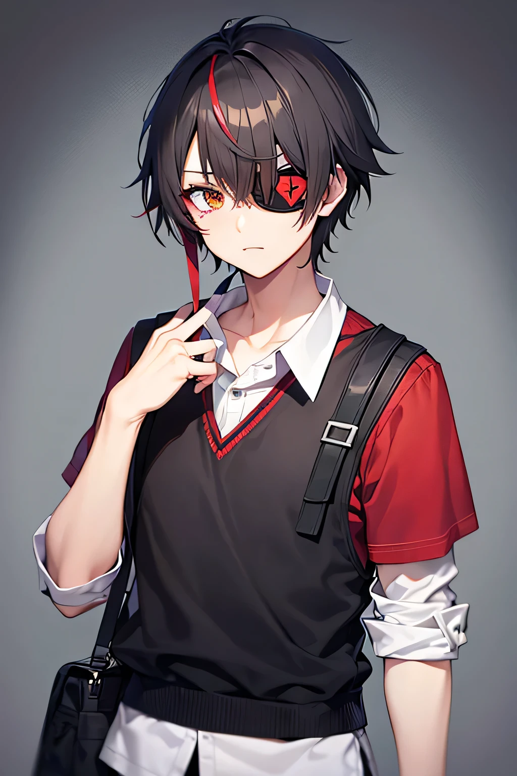 Eyes, red, gray hair, high school clothes, eye patch over left eye, male, short hair.