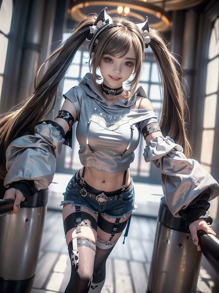 (Full Body View:1.3)、(Beautiful lips and nose:1.4)、(Side view:1.1)、(Smiling with teeth showing:1.3),(Fashion Model:1.5)、(Gothic Lolita delicately decorated battle uniform:1.5)、(White off-shoulder hoodie:1.5)、(Black, silver and white shorts:1.4)、(denim garter belt:1.5)、(Black and denim knee socks:1.3)、(Skull Silver Accessories:1.5)、(Lace collar:1.3)、(Brown Skin Belt:1.4)、(Brown boots:1.2)、(Underwear has polka dots:1.4)、23 years old、((Highest quality、In 8K、masterpiece:1.3))、Sharp focus:1.2、(Layered Cut、Huge boobs:1.1),Beautiful woman with perfect figure:1.4、(Dancing vigorously:1.3)、Slender Abs:1.2、Highly detailed face and skin texture、Detailed eyes、double eyelid,(Twin tails:1.3)、(Brown-golden hair:1.3)、Gravure idol、(The background is a luxurious dance hall.:1.3)、(Slim body:1.2),(Make your legs thinner:1.4),(clavicle:1.1)