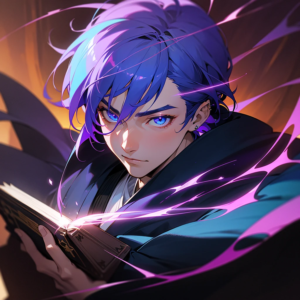 A young man with vibrant purple hair, holding an ancient tome, surrounded by a glowing blue aura, piercing blue eyes, set in the Taisho period of Japan, detailed portrait, photorealistic, 8k, hyper detailed, dramatic lighting, cinematic composition