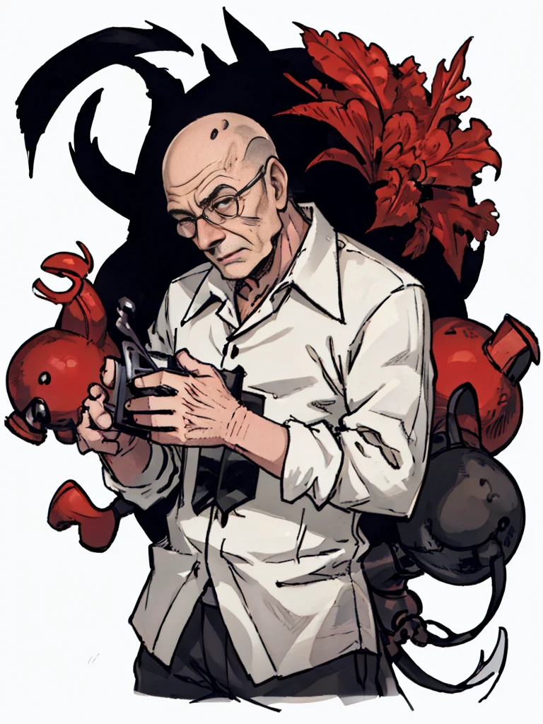 An old man,front,((Half Body),(Baldhead)),wrinkle,hunchback,Ragged clothes,civilian,Old Man,kindly,Solid color background,White background