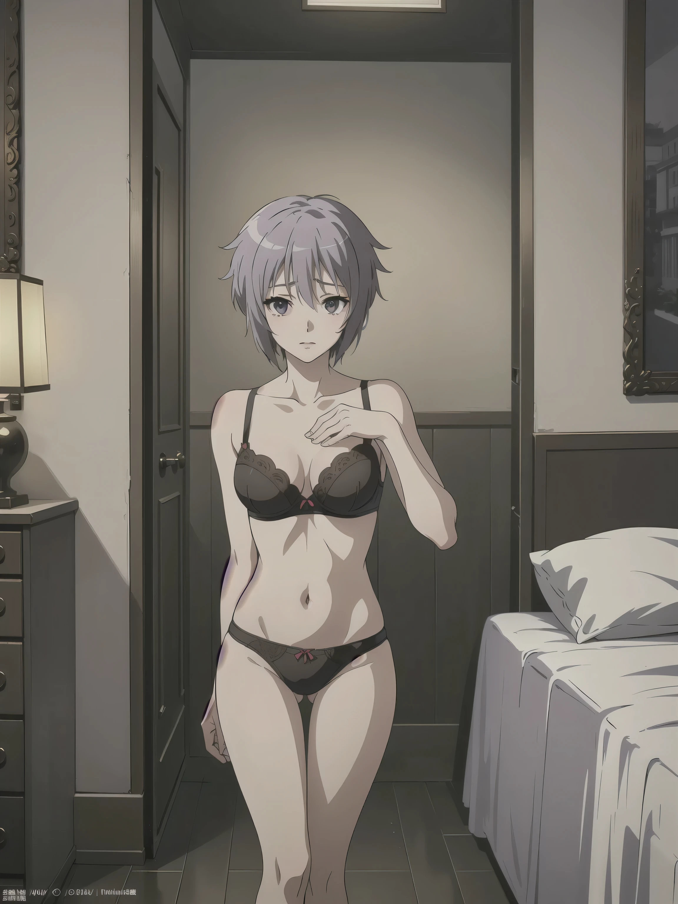 (A superb exquisite yuki nagato), (yuki nagato:1.5), brown eyes, brown hair, natural straight hair, solo, nature, extremely delicate, straight facial features, peerless beautiful girl, soft, (sensual face), ((ecchi face)), dreamy quality, exaggerated facial features, solid color, frank holly, delicate face, bright lips, slender waist, soft curves, super fine, 4k, natural moving, Ultra high resolution, (masterpiece:1.2, best quality), (finely detailed beautiful eyes: 1.2), (beautiful detailed face), sexy nude model, sexy pose, (medium chest), (Perfect Body Proportions), (bedroom), Mekosuji, (Spread your legs a little and show off your crotch), bra & panties,