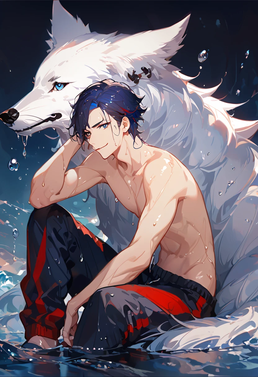 solo, ((male with short dark blue hair with red strip hair and dark blue hair with red gradient), (bare chest), (topless), (muscle), ( jogger pants), (wet), (dripping wet body and hair), (water dripping), (sitting), (one hand rest on the knee), (big white wolf resting on the back)), (bangs), (blue eyes with red gradient), (pale skin), (smirk), ((high quality)), (extremely detailed),8k, 4k, clean line art, detailed line art, resting on the big wolf, white big wolf, simple background, water background, dark background, not bulky, no top clothes, inspired by Asukaziye artist : ask, art style : ask