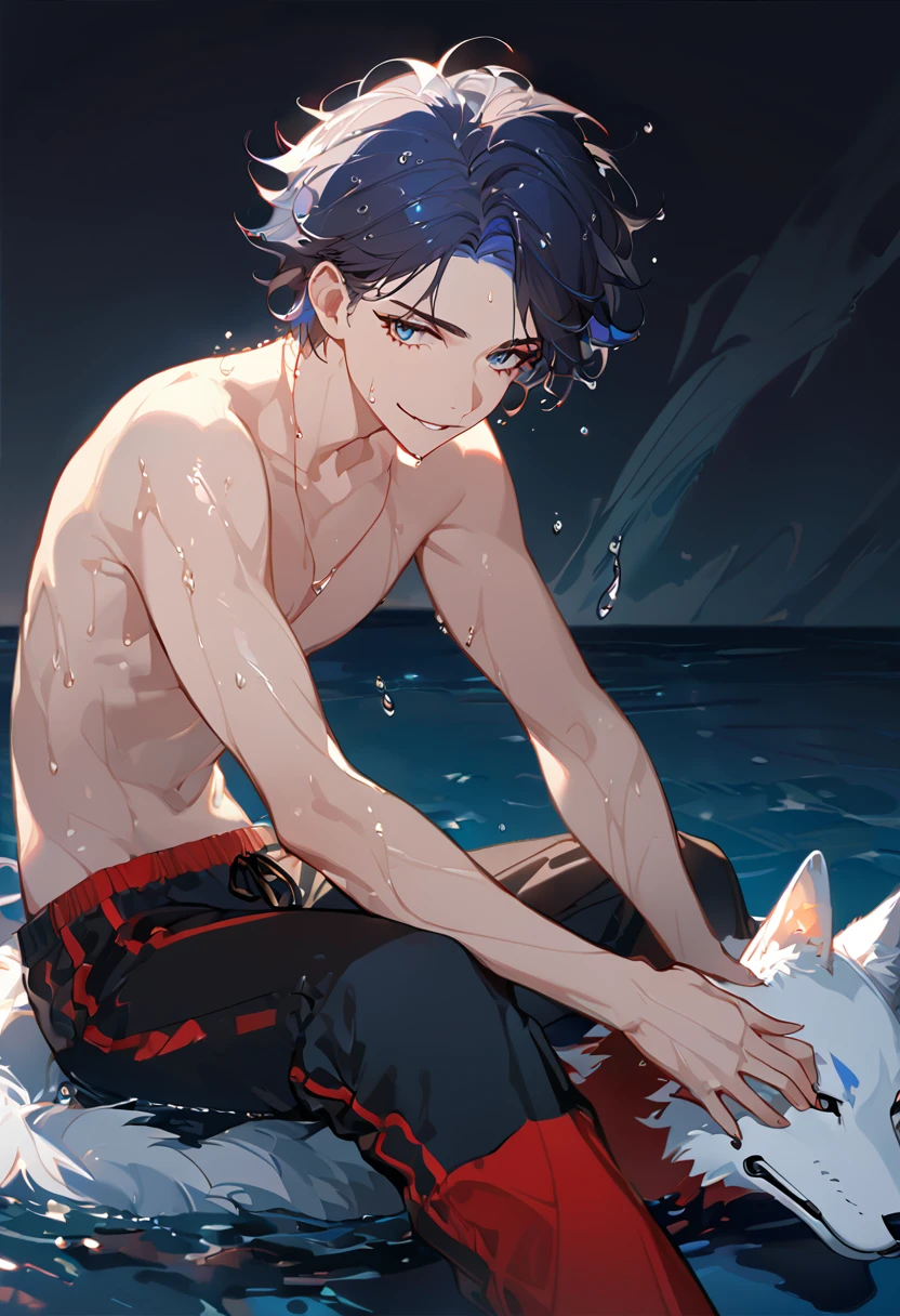 solo, ((male with short dark blue hair with red strip hair and dark blue hair with red gradient), (bare chest), (topless), (muscle), ( jogger pants), (wet), (dripping wet body and hair), (water dripping), (sitting), (one hand rest on the knee), (big white wolf resting on the back)), (bangs), (blue eyes with red gradient), (pale skin), (smirk), ((high quality)), (extremely detailed),8k, 4k, clean line art, detailed line art, resting on the big wolf, white big wolf, simple background, water background, dark background, not bulky, no top clothes, inspired by Asukaziye artist : ask, art style : ask