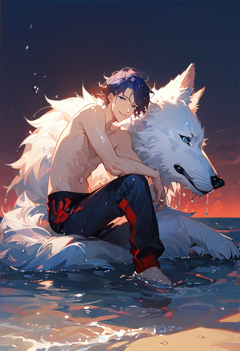 solo, ((male with short dark blue hair with red strip hair and dark blue hair with red gradient), (bare chest), (topless), (muscle), ( jogger pants), (wet), (dripping wet body and hair), (water dripping), (sitting), (one hand rest on the knee), (big white wolf resting on the back)), (bangs), (blue eyes with red gradient), (pale skin), (smirk), ((high quality)), (extremely detailed),8k, 4k, clean line art, detailed line art, resting on the big wolf, white big wolf, simple background, water background, dark background, not bulky, no top clothes, inspired by Asukaziye artist : ask, art style : ask