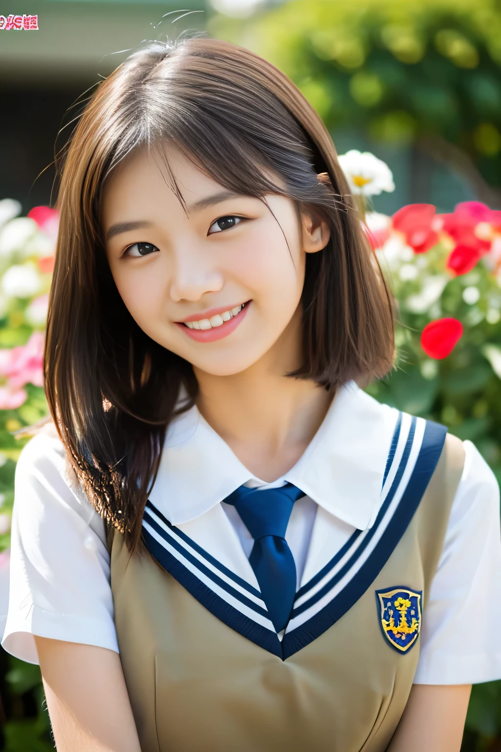 (((full bodyesbian)))、((Girls' High School Uniforms))、((1a person))、ponytail、short-hair、Close to the subject、((a school flower beds)))、(((ssmile)))、(((Girls' High School)))、((a beauty girl))、((sexy pose))、Photorealsitic、Beautiful detailed eyes、Hyper-Realism、highcontrast、Ultra HD、realistic skin textures、Top image quality、top-quality、超A high resolution、Fine details、Very meticulously、ample round bosom