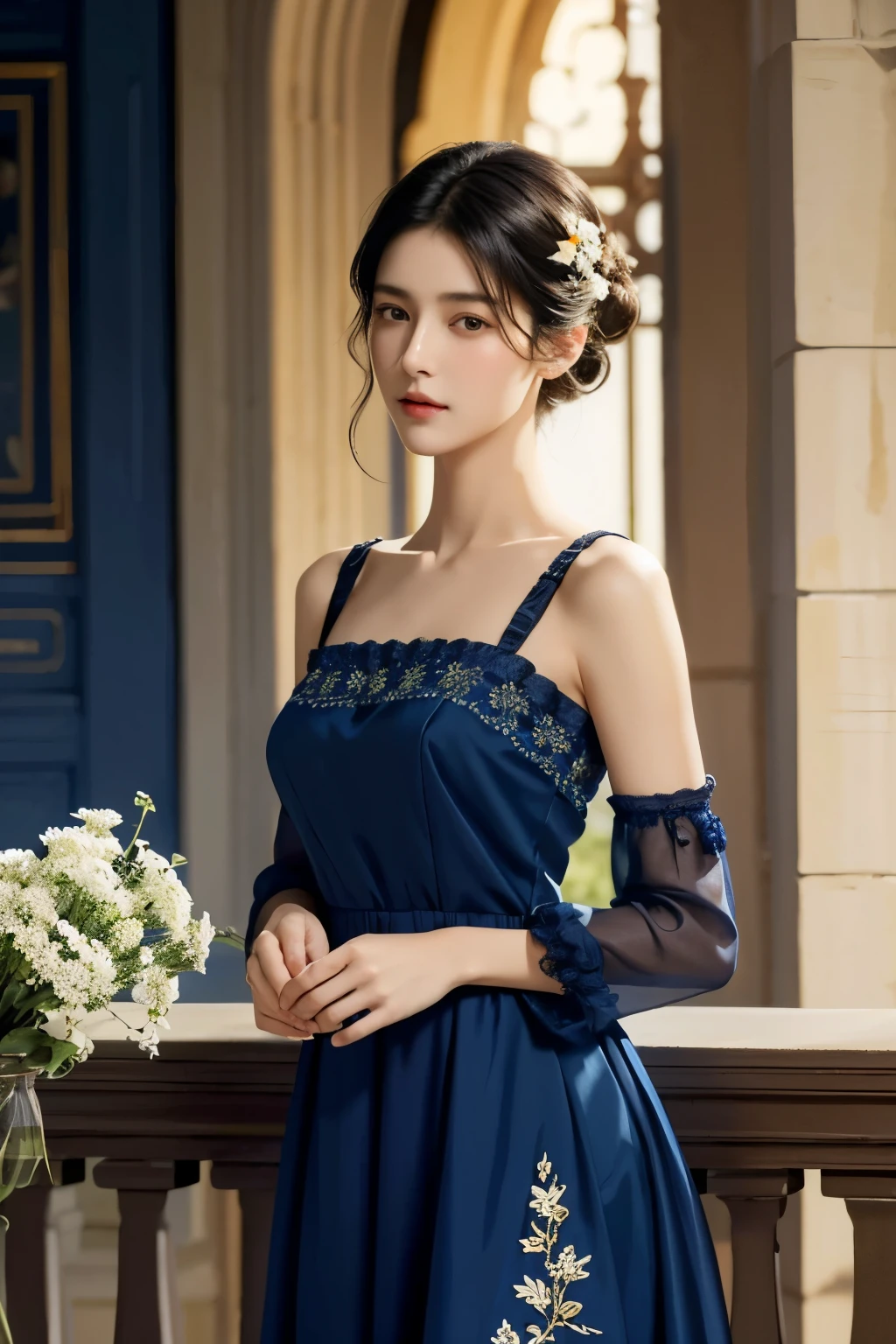 (masterpiece), (highest quality), oil, classical painting, 1 girl, (hole body), standing, portrait, bare shoulders, (beautiful prussian blue evening dress decorated with lace and embroidery :1.2), flowers、(on the balcony), (Sargent oil painting)、(highest quality、masterpiece)、 Realistic， photorealist，solo，beautiful face、lifelike face、black haired、short hair、beautiful hairstyle、 real looking skin、beautiful skin、attractive、Cute blouse、 Upper body，detailed，dark background，Backlight、soft light、Inspired by Edmund Leighton,