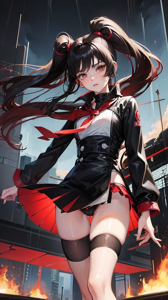 Anime, girl in a short miniskirt, panties visible, red-black hair, Twin Tail, in a beautiful area, rainy weather.