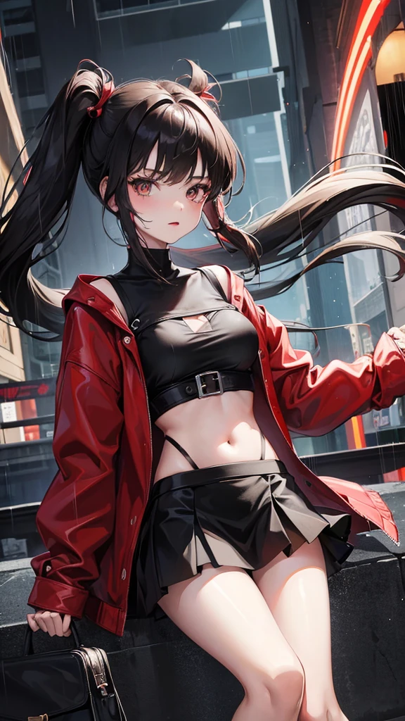 Anime, girl in a short miniskirt, panties visible, red-black hair, Twin Tail, in a beautiful area, rainy weather.