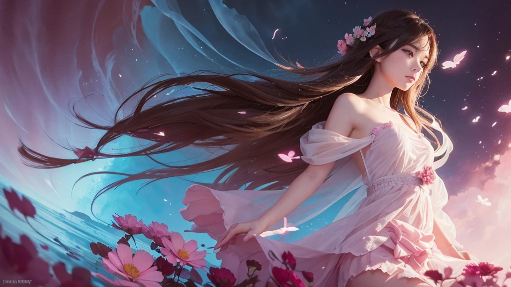 32k, Masterpiece, Highest quality, One girl, Detailed eyes, flower,Sandersonia, Pink and brown style,A dreamy, romantic piece,Pale pink, Mysterious Leaves,A playful arrangement,Fantasy,High Contrast,Ink strokes,explosion,Exposure, Impression of pink and brown tones,Abstract,((Watercolours by John Berkey and Jeremy Mann )) Brush strokes,Negative Space, Tyndall effect,