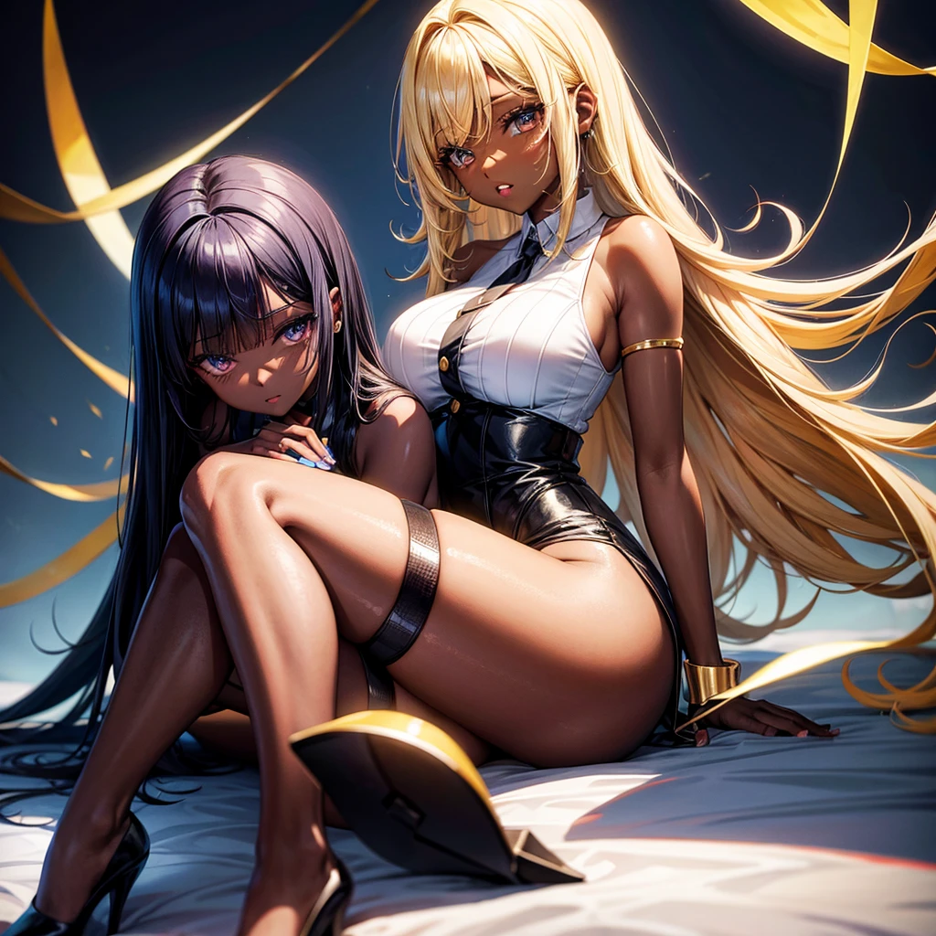 stocking, short blonde curly hair, dark skin