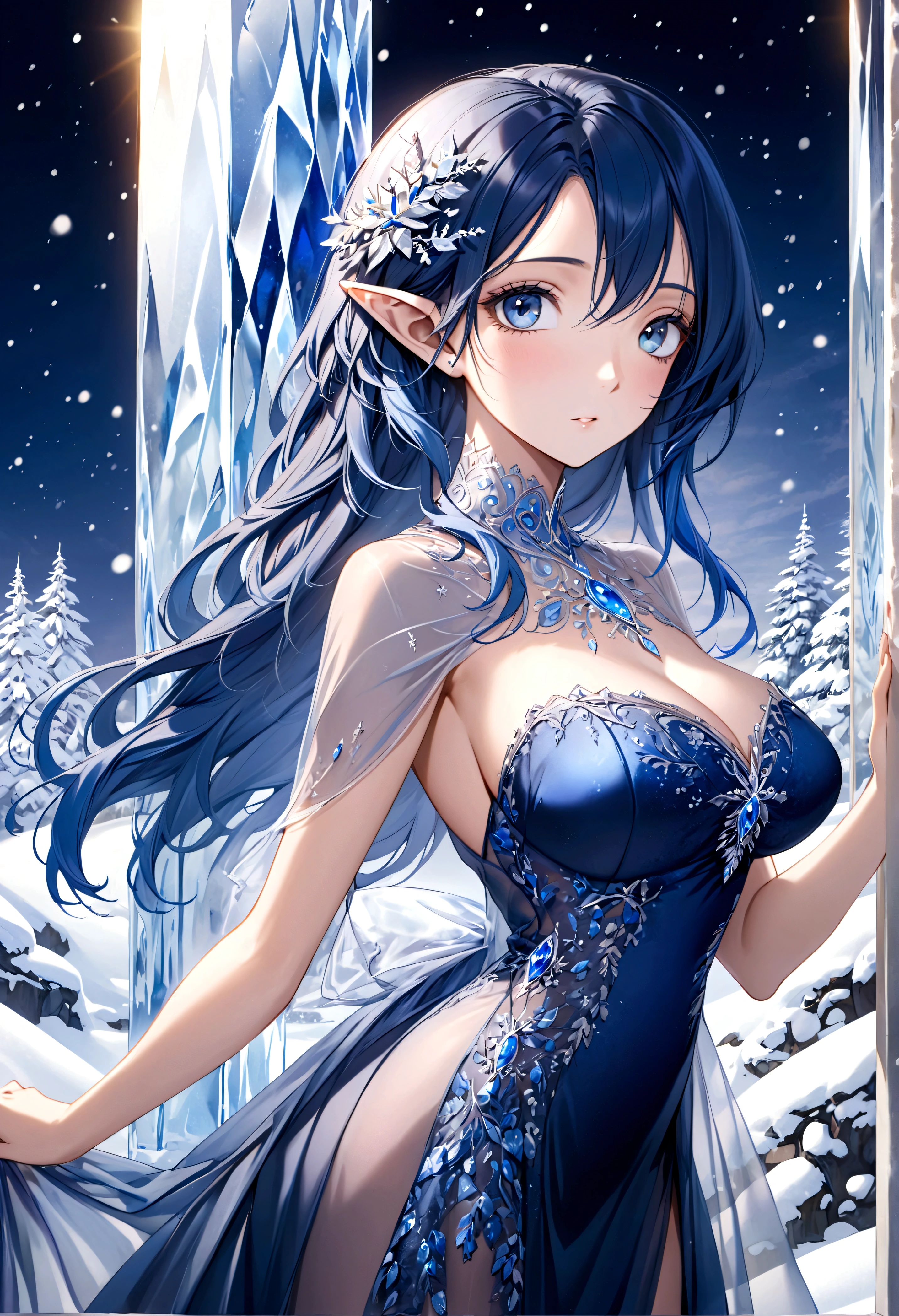 A ice elf (lovely woman, pale blue skin, deep blue hair and eyes, sheer reflective evening dress) acting alluring in a winter wonder land