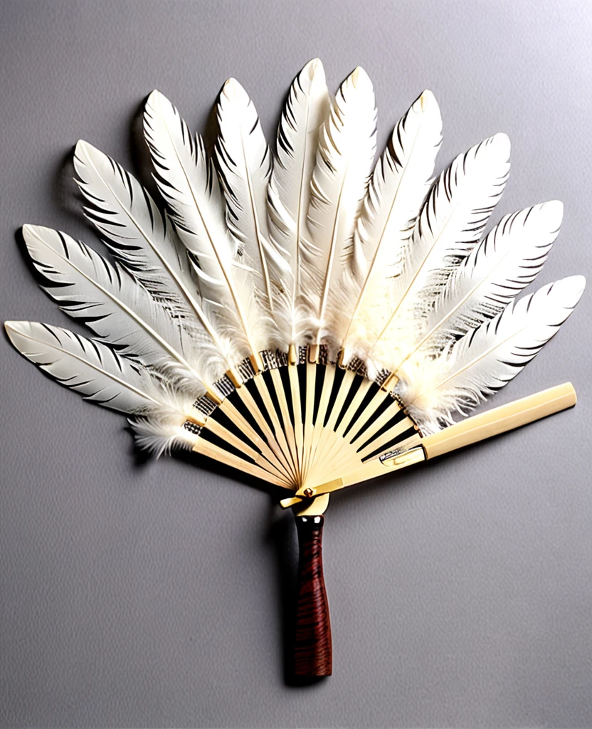 （Handle Feather Fan)、（Wooden handle）、（(It is made up of many overlapping feathers.）)、(The handle is at the base of the blade.)