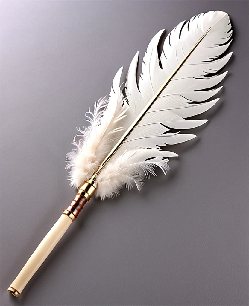 (Handle Feather Fan)、(Wooden handle)、((It is made up of many overlapping feathers.))、(The handle is at the base of the blade.)