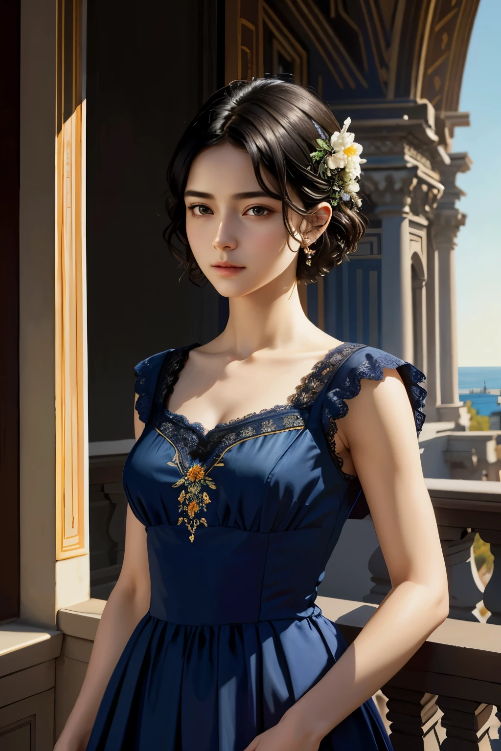 (masterpiece), (highest quality), oil, classical painting, 1 girl, (hole body), standing, portrait, bare shoulders, (beautiful prussian blue evening dress decorated with lace and embroidery :1.2), flowers、(on the balcony), (Sargent oil painting)、(highest quality、masterpiece)、 Realistic, photorealist,solo,beautiful face、lifelike face、black haired、short hair、beautiful hairstyle、 real looking skin、beautiful skin、attractive、Cute blouse、 Upper body,detailed,dark background,Backlight、soft light、Inspired by Edmund Leighton,