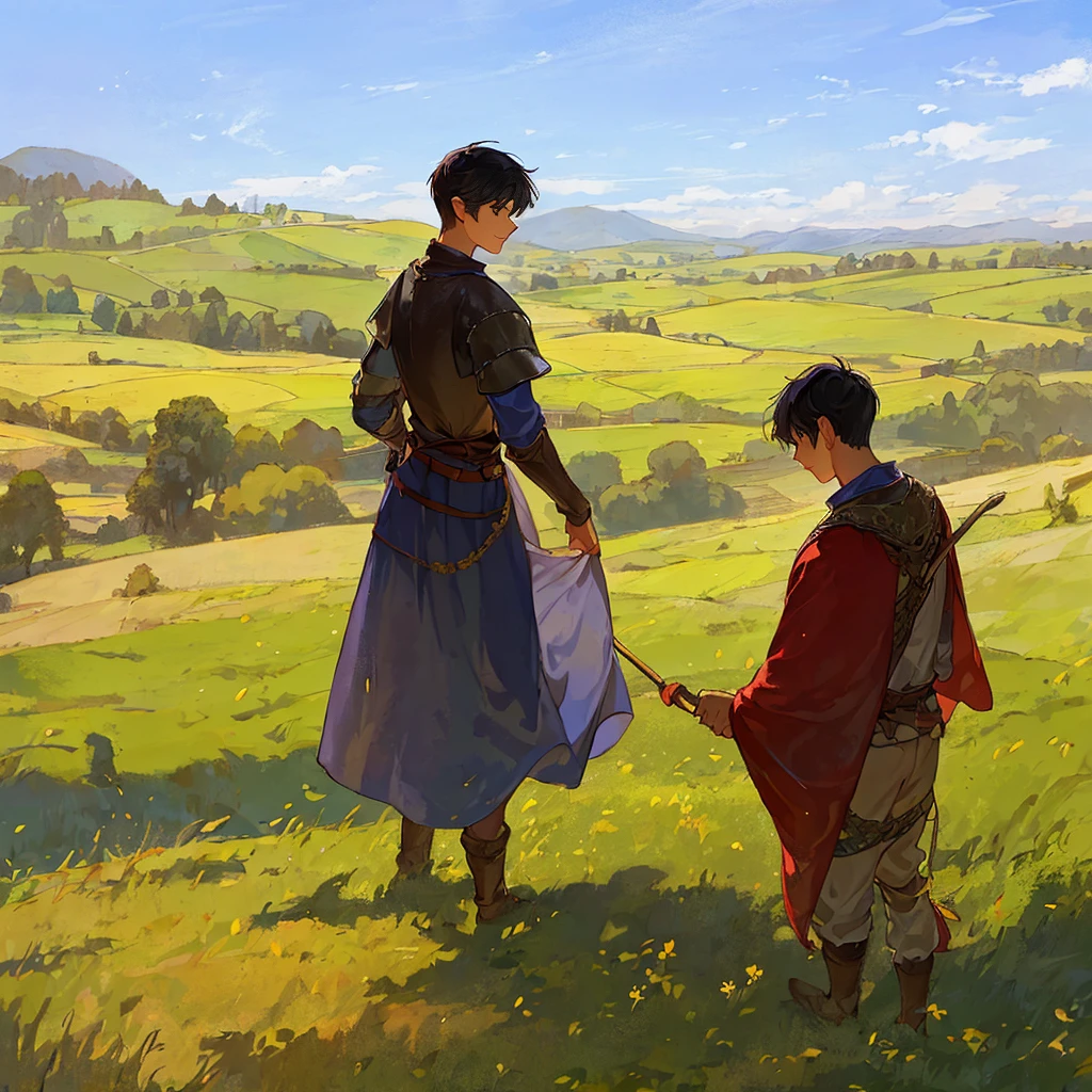 short black haired boy, with medieval outfit in the wheatfield 