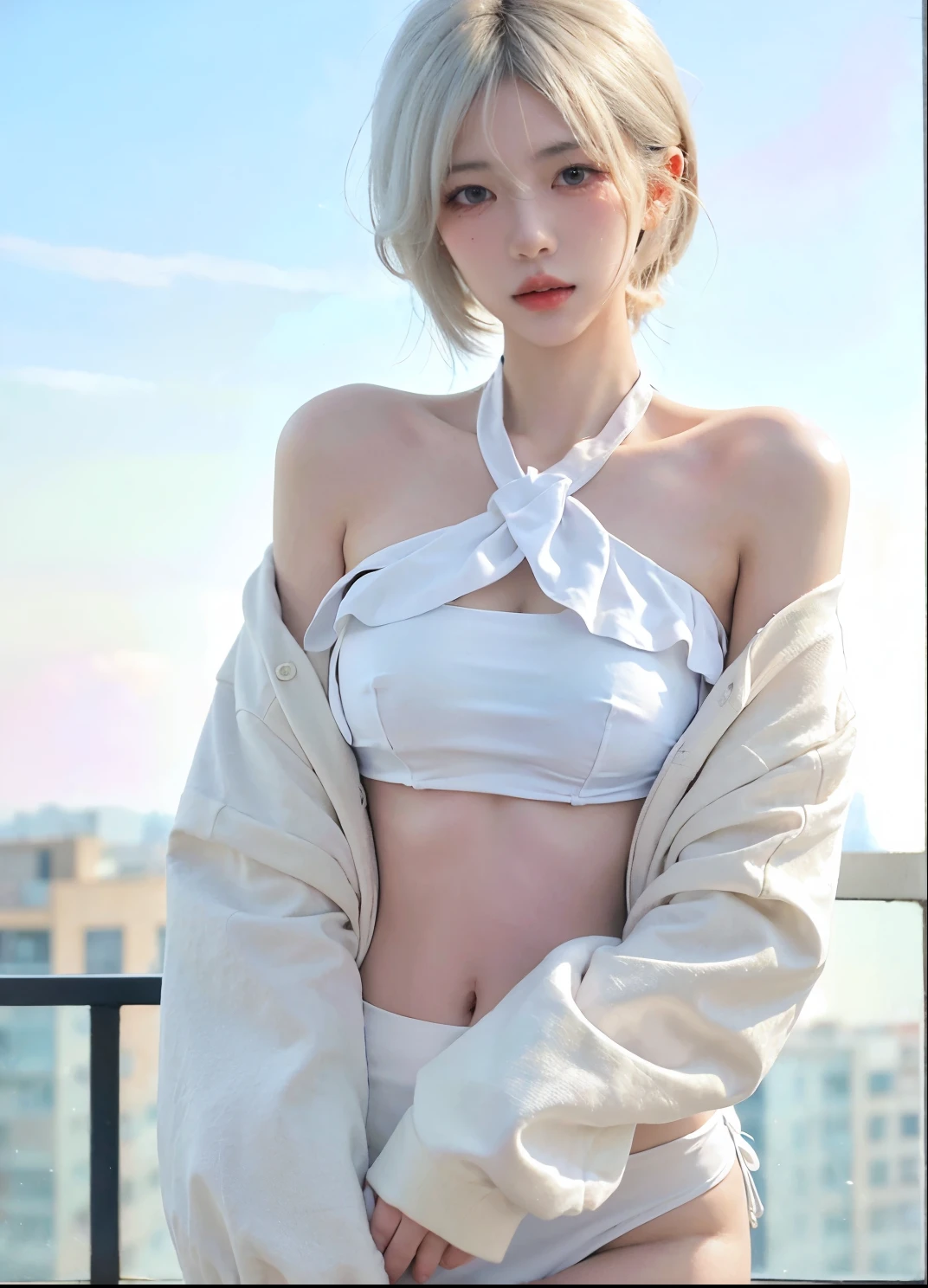 Beautiful woman with perfect figure:1.4,Ultra-high resolution,White background,(lifelike:1.4),Layered Hairstyle,White skin,Bikini:1.uper short pleated skirt,whole body,Very delicate face and skin texture,Double eyelids,Skin Whitening,short hair,White hair