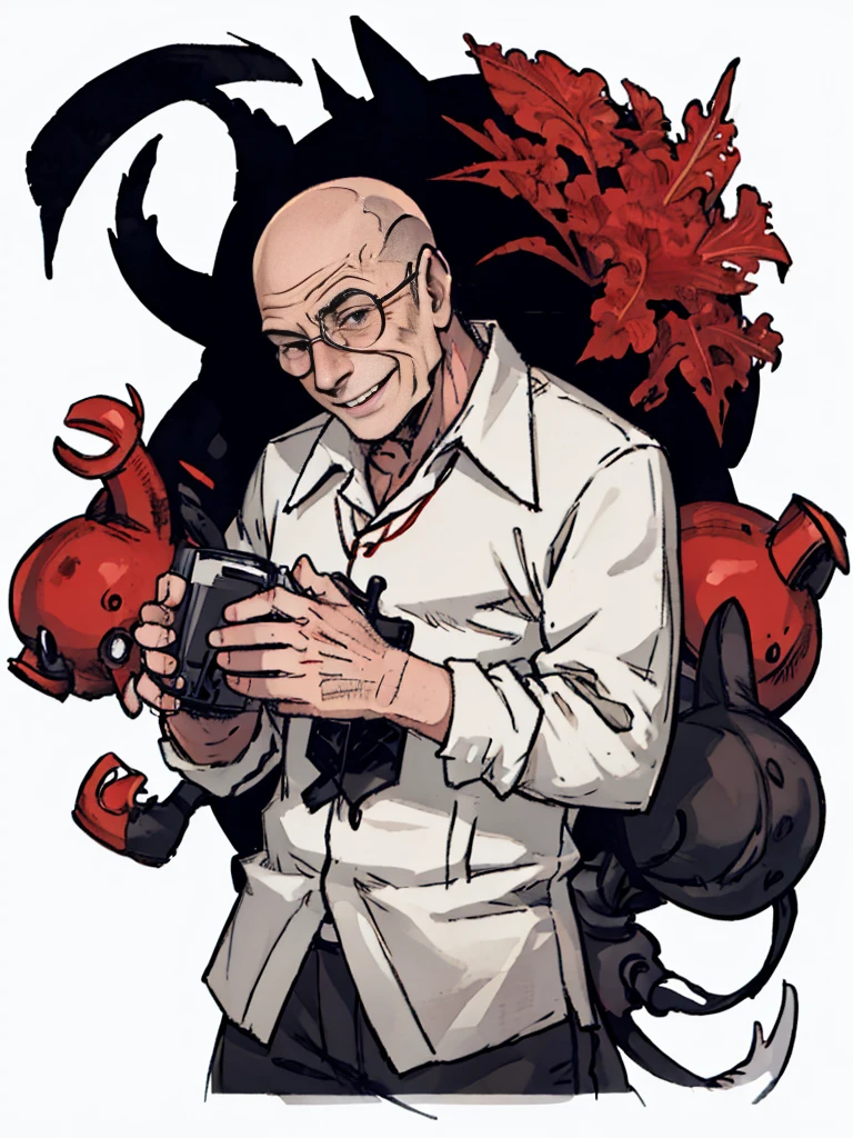 An old man，front,((Half Body),(Baldhead)),wrinkle，hunchback，Ragged clothes，civilian，Old Man，Smile，kindly，Solid color background，White background