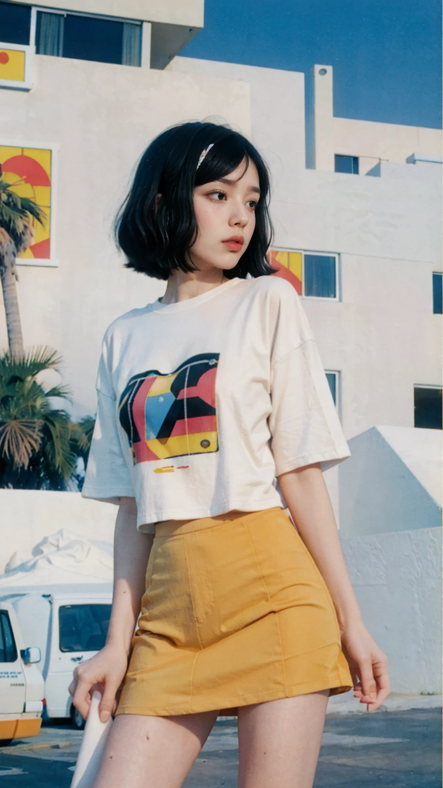 1 girl, beautiful, black bob hair, almond eye, no makeup, white tshirt, ((oversized_untucked tshirt)), peach tennis skirt, in front of ((80's mondrian architecture colorful motel)),(from below:1.2), (realistic:1.1), (surreal:1.2), (very detailed:1.1), ((masterpiece)),palm trees,summer, blue sky,sunny, los angles vibes