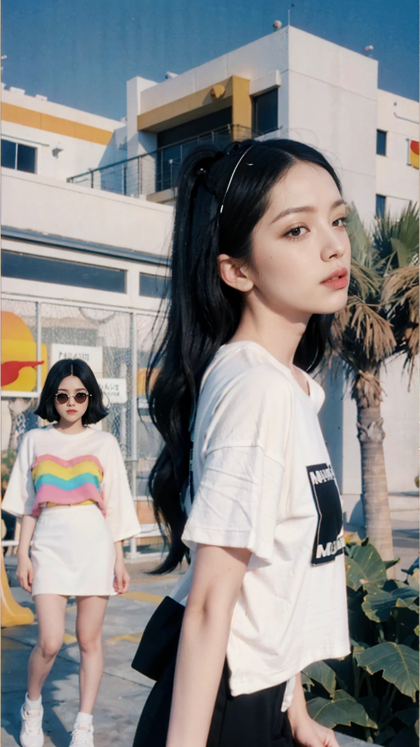 1 girl, beautiful, black bob hair, almond eye, no makeup, white tshirt, ((oversized_untucked tshirt)), peach tennis skirt, in front of ((80's mondrian architecture colorful motel)),(from below:1.2), (realistic:1.1), (surreal:1.2), (very detailed:1.1), ((masterpiece)),palm trees,summer, blue sky,sunny, los angles vibes
