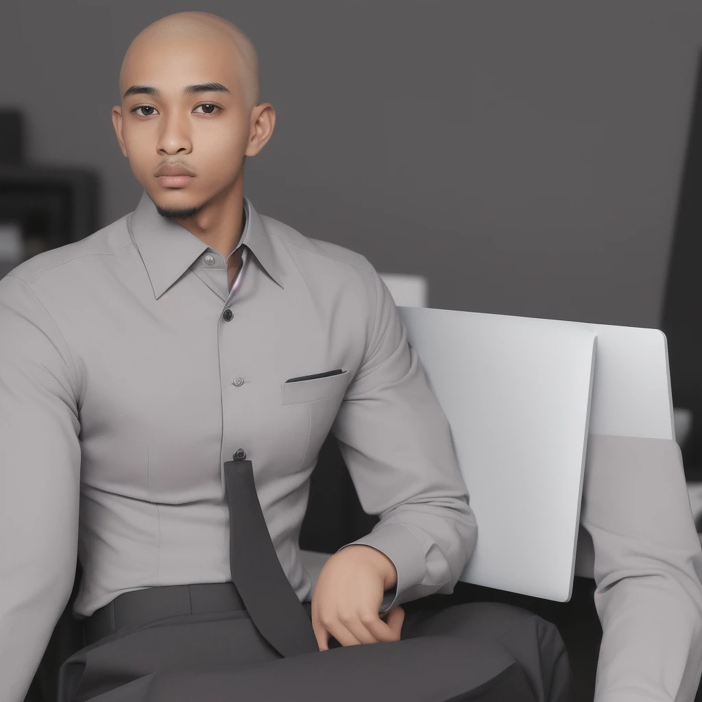 man, age 23, no hair, in a military cut, dark skin, goatee, dressed in a dark gray suit and an immaculately starched white formal shirt, office, computer beside