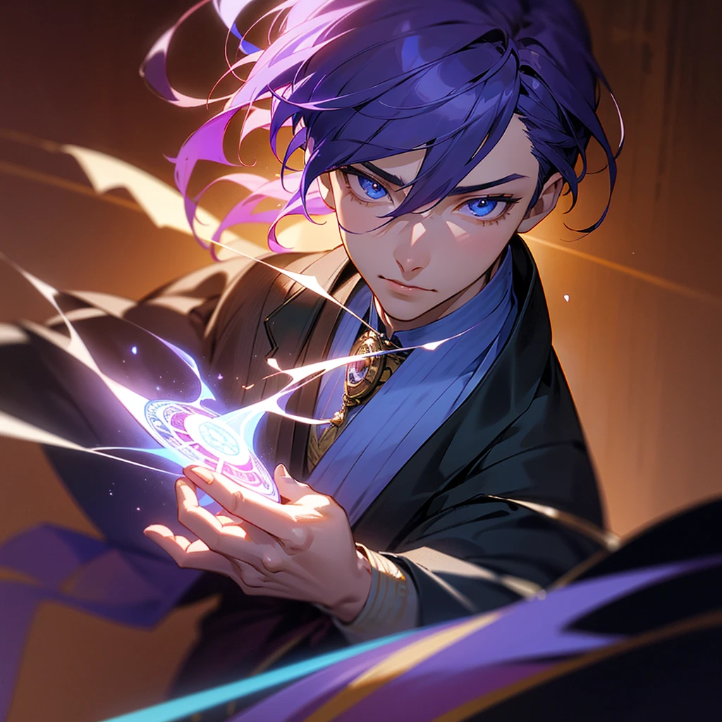 A young man with purple hair, blue eyes, and a blue aura, holding an ancient magical tome, set in the Taisho period, highly detailed, realistic, photorealistic, 8k, masterpiece, intricate details, cinematic lighting, dramatic composition, warm color tones