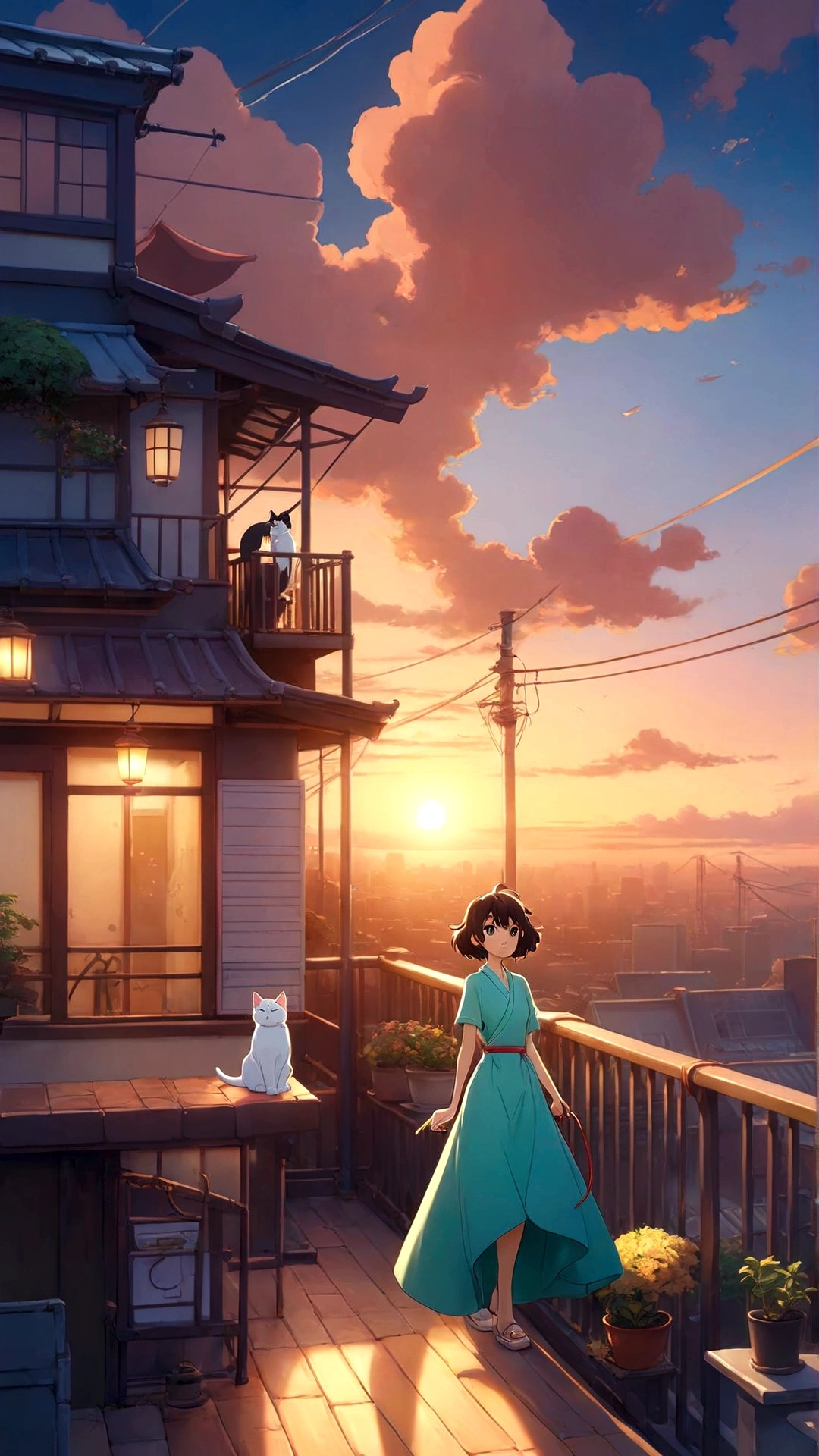 Japanese cartoons girl walking on a balcony with a cat and a dog, Watch the sunset. Japanese cartoons, ( ( Shinkai Makoto ) ), Shinkai Makoto cyril rolando, studio glibly Shinkai Makoto, in style of Shinkai Makoto, style of Shinkai Makoto, Japanese cartoons movie background, commend girl, commend artstyle, commend