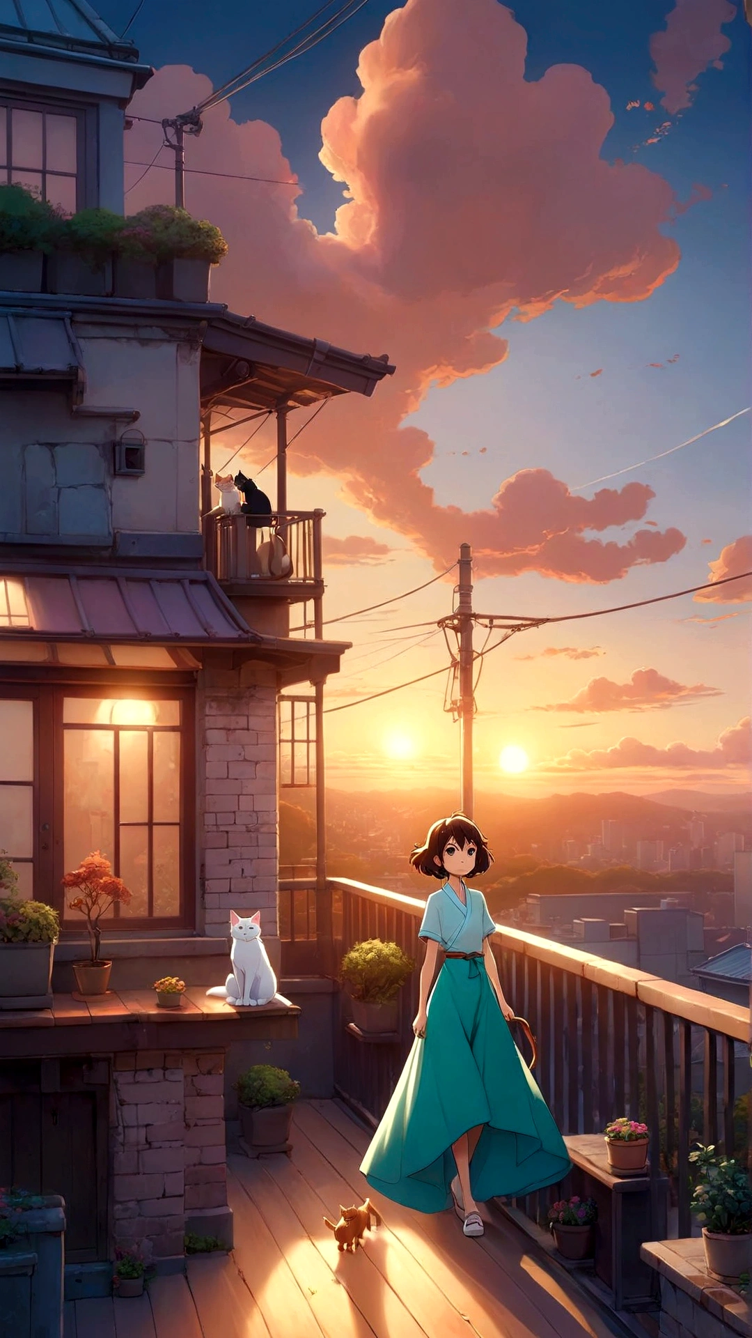 Japanese cartoons girl walking on a balcony with a cat and a dog, Watch the sunset. Japanese cartoons, ( ( Shinkai Makoto ) ), Shinkai Makoto cyril rolando, studio glibly Shinkai Makoto, in style of Shinkai Makoto, style of Shinkai Makoto, Japanese cartoons movie background, commend girl, commend artstyle, commend