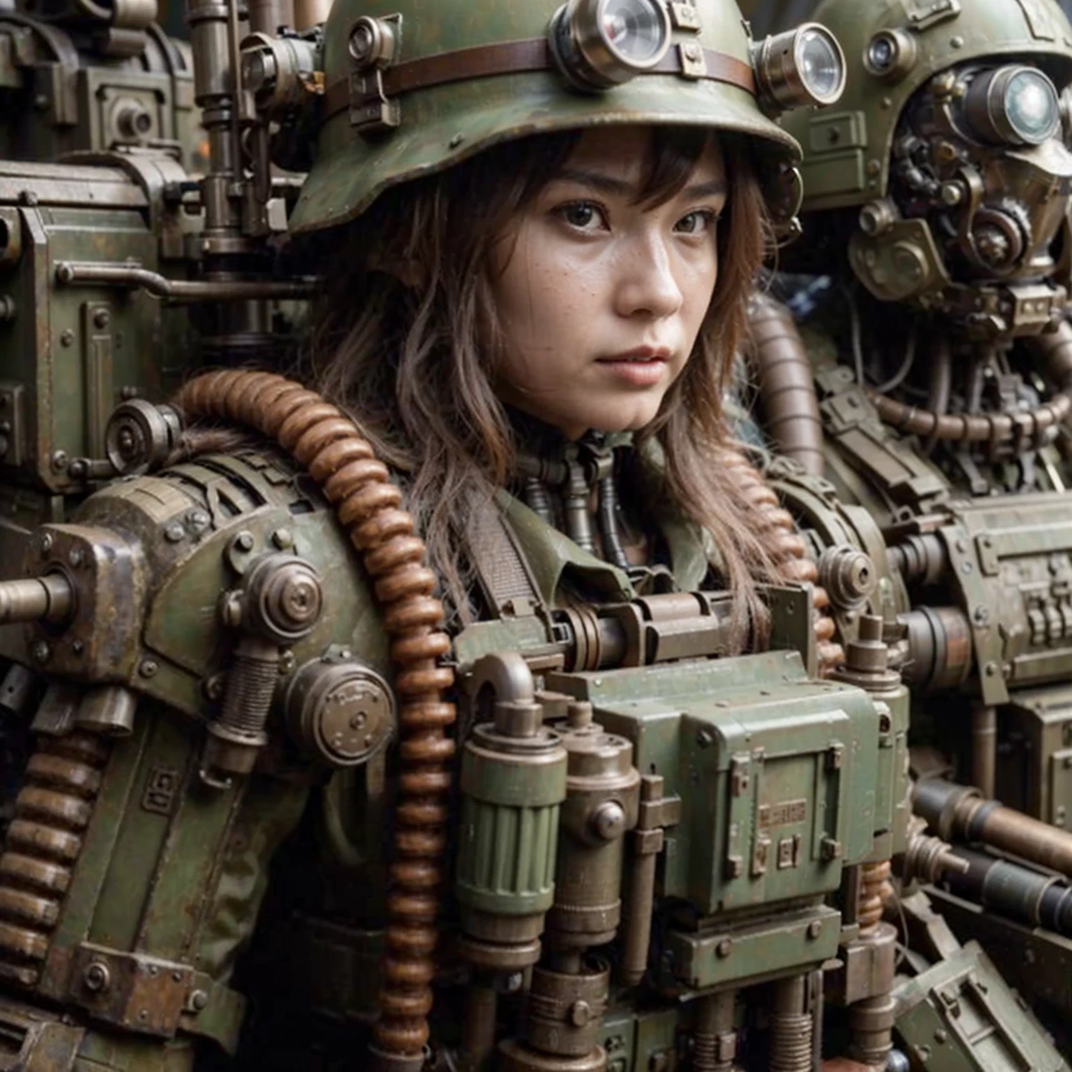 superrealism, ultra high res,8k,(Photorealsitic:1.4), (WWⅡ-like mechanical suit), Collapsed Cities, heavy weapons,vivid textures, beautiful hair, japanese female soldier,, (cute idle face),legs, ((super realistic all textures)), ((super intricate all details)), full body shot, ultra sharp photo result, beige color, scratch, Rust, weathering, Sweat, move, operational action in progress, steampunk, taken with Fuji film X-T30+Nokton. HDR10,Minimum of 4 pieces created