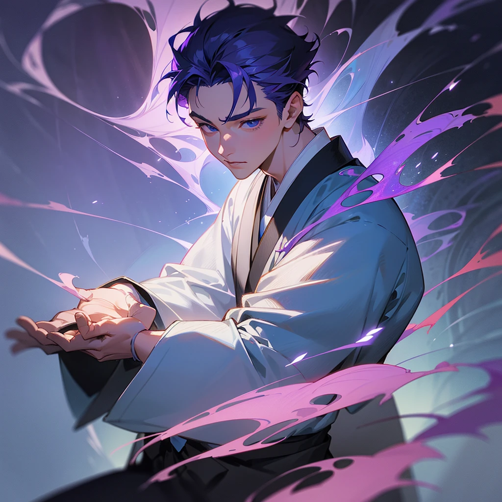 A young man with purple hair, blue eyes and a blue aura, wearing traditional Japanese clothing from the Taisho period, holding an ancient magical tome, 1boy, realistic, intricate details, cinematic lighting, award winning digital art, highly detailed, photorealistic, dramatic, elegant, fantasy, hyper detailed, 8k, masterpiece