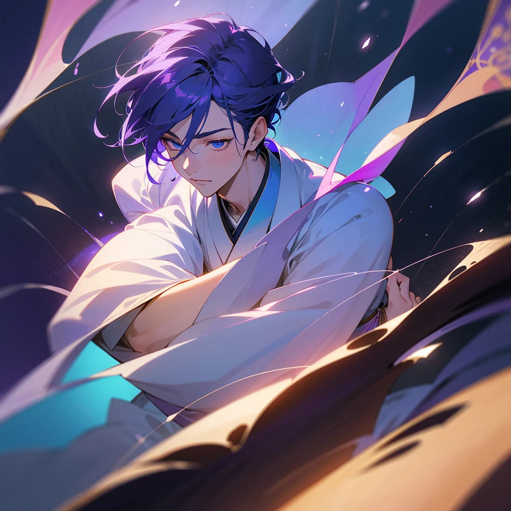 A young man with purple hair, blue eyes and a blue aura, wearing traditional Japanese clothing from the Taisho period, holding an ancient magical tome, 1boy, realistic, intricate details, cinematic lighting, award winning digital art, highly detailed, photorealistic, dramatic, elegant, fantasy, hyper detailed, 8k, masterpiece
