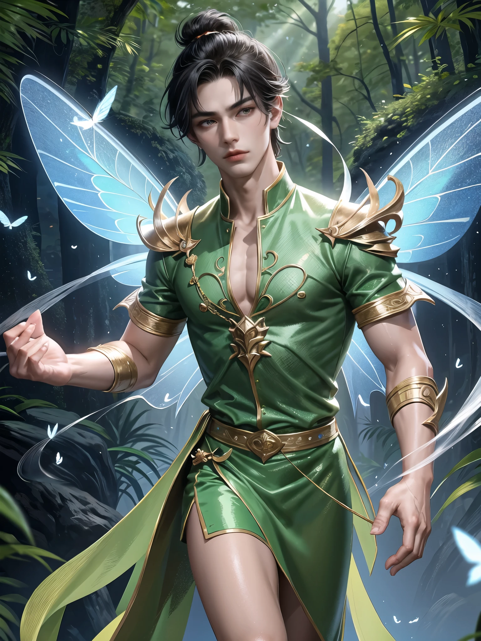 (Martial arts style works),(quality),(height)   ,1 Boy,light green eyes, Short dark green hair., alone,(young boy detailed background),A face that is handsome and detailed.,fairy tale,(butterfly race),The body is thin and shiny.,It has perfectly detailed butterfly wings.,Picture of creating a magic camp,Show movie subtitles,Don&#39;t look at the view.,Not looking at the view,Amazing light and shadow,Wear a magnificent traditional Chinese costume with perfect details.(no pants),Wear a gorgeous long dress.,fine gemstone jewelry web style,moon,Moths all around, floating on water,There was a large, fine green ring around it.