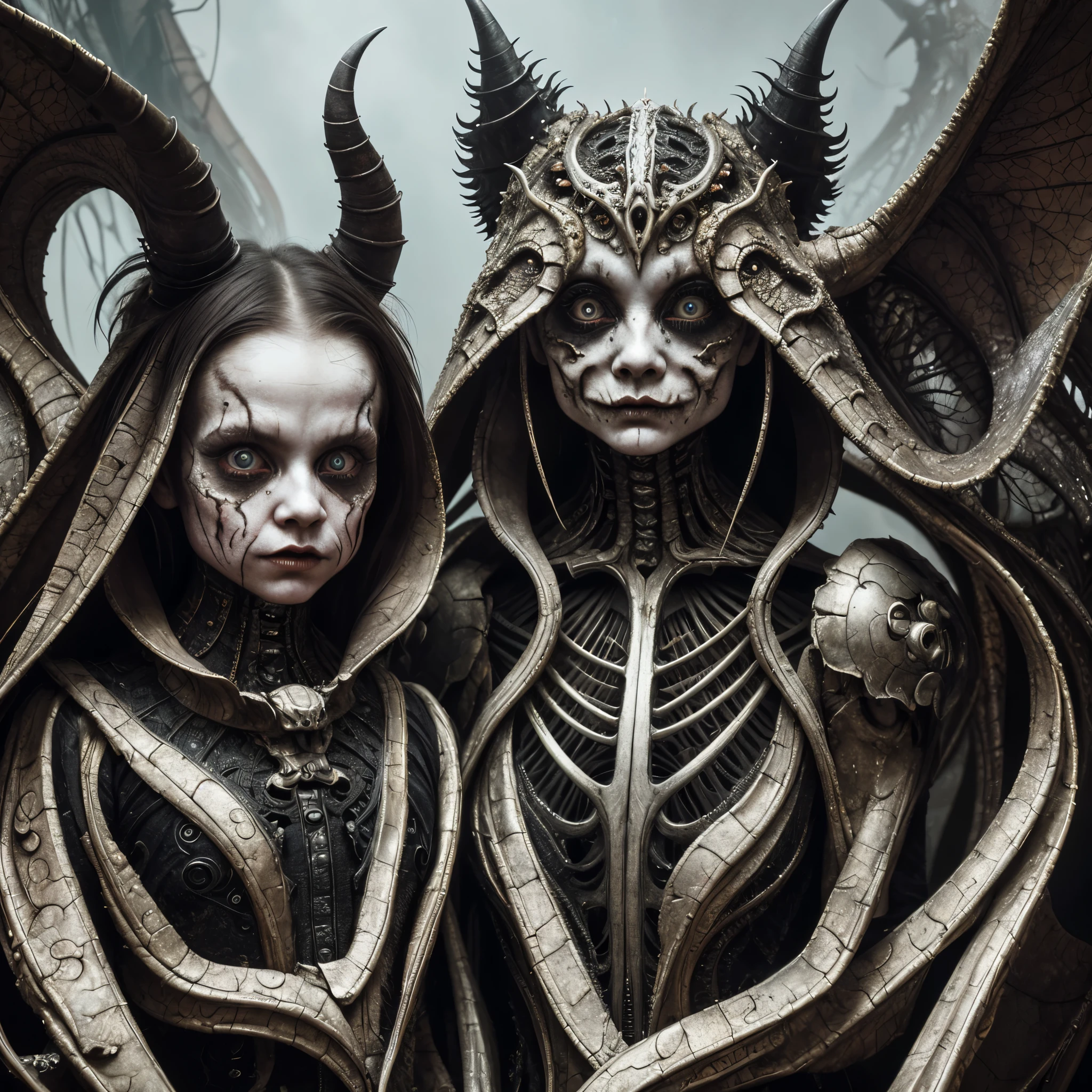 little girls from this artwork, in the style of otherworldly grotesquery, sci-fi baroque, photorealistic painting, darkly comedic, precisionist, devilcore, skeletal