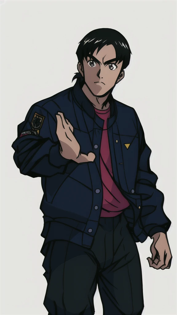 boy in a bomber jacket, detailed hands, aesthetic hands, perfect hands, black hair, minimalist design, clean lines, detailed figures, simple composition, Lineart, like fighting game artwork, tetsuya nomura art, kinu nishimura art,