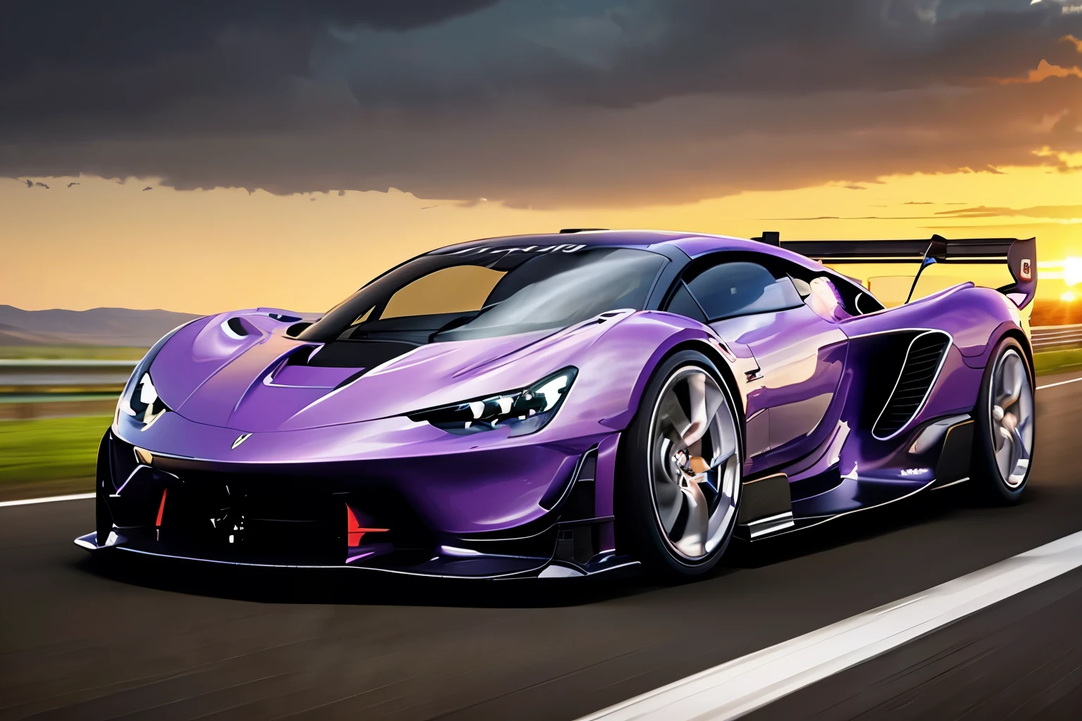 Imagine a concept car, concept design, super race car, the car driving down a perfectly straight highway towards a beautiful horizon. The car’s polished chrome gleams in the soft glow of the setting sun. The road is flanked by rolling hills and wildflowers, creating a picturesque path. Above, the sky is a blend of deep orange, pink, and purple as the sun sets. Wispy clouds catch the evening light, adding depth to the scene. The Car's engine purrs smoothly, its classic silhouette moving gracefully through the landscape. As the car heads towards the glowing horizon, bathed in golden light, the scene captures the essence of and the timeless charm of the open road
