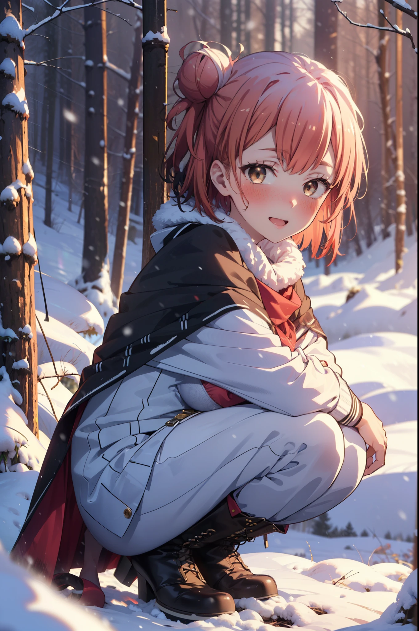 yuiyuigahama, yui yuigahama, short hair, (Brown eyes:1.5), (Pink Hair:1.2), Hair Bun, single Hair Bun, smile, (Big Breasts:1.2),smile,blush,White Breath,
Open your mouth,snow,Ground bonfire, Outdoor, boots, snowing, From the side, wood, suitcase, Cape, Blurred, forest, White handbag, nature, Squat, Mouth closed,Cape, winter, Written boundary depth, Black shoes, red Cape break looking at viewer, Upper Body, whole body, break Outdoor, forest, nature, break (masterpiece:1.2), Highest quality, High resolution, unity 8k wallpaper, (shape:0.8), (Beautiful and beautiful eyes:1.6), Highly detailed face, Perfect lighting, Highly detailed CG, (Perfect hands, Perfect Anatomy),