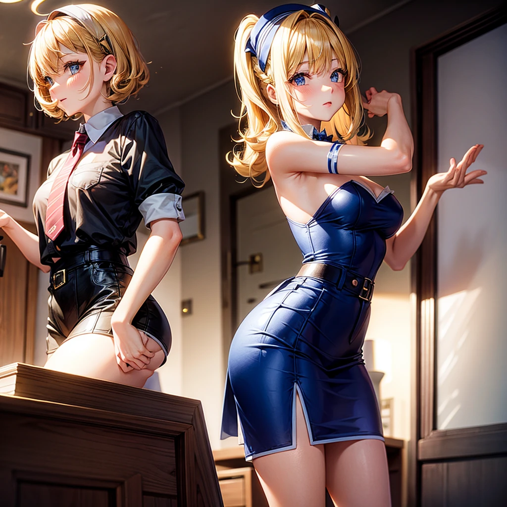 stocking, short blonde curly hair