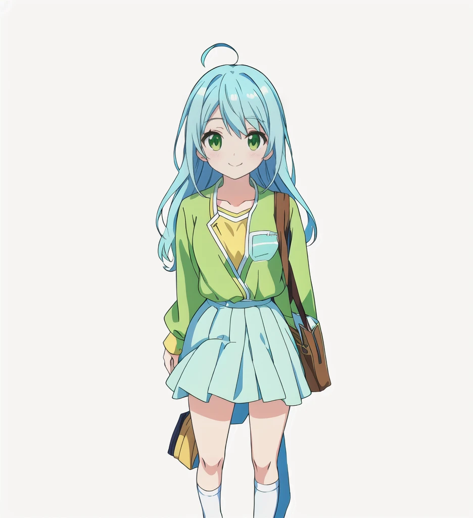 Highest quality, high resolution, High quality anime art style, Official Art, Smooth anime CG art, Stylized anime, Cute 3D anime girl render, Visual Novel Sprites, White background, whole body, Anime-style 3D, Smooth anime CG art, humanoid woman, JRPG Characters, Anime girl wearing a yellow-green shirt and a flared skirt and carrying a bag, Knee-high socks, Anime girl with light blue hair, smile, Thin legs. long hair, Small Bust, Small breasts, 12 years old