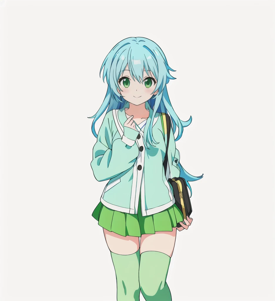 Highest quality, high resolution, High quality anime art style, Official Art, Smooth anime CG art, Stylized anime, Cute 3D anime girl render, Visual Novel Sprites, White background, whole body, Anime-style 3D, Smooth anime CG art, humanoid woman, JRPG Characters, Anime girl wearing a yellow-green shirt and a flared skirt and carrying a bag, Knee-high socks, Anime girl with light blue hair, smile, Thin legs. long hair, Small Bust, Small breasts,