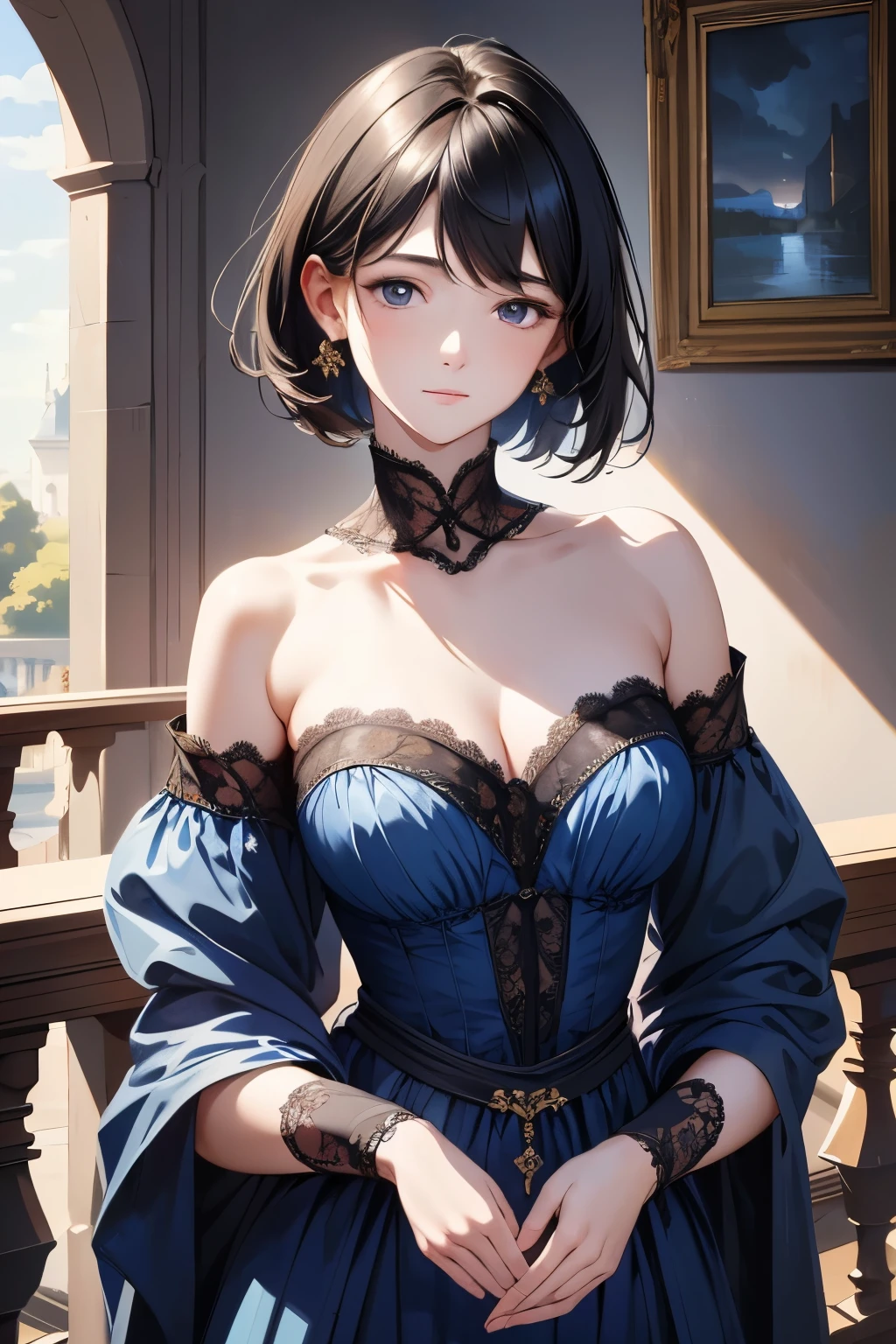 (masterpiece), (highest quality), oil, classical painting, 1 girl, (hole body), standing, portrait, bare shoulders, (beautiful prussian blue evening dress decorated with lace and embroidery :1.2), flowers、(on the balcony), (Sargent oil painting)、(highest quality、masterpiece)、 Realistic， photorealist，solo，beautiful face、lifelike face、black haired、short hair、beautiful hairstyle、 real looking skin、beautiful skin、attractive、Cute blouse、 Upper body，detailed，dark background，Backlight、soft light、Inspired by Edmund Leighton,