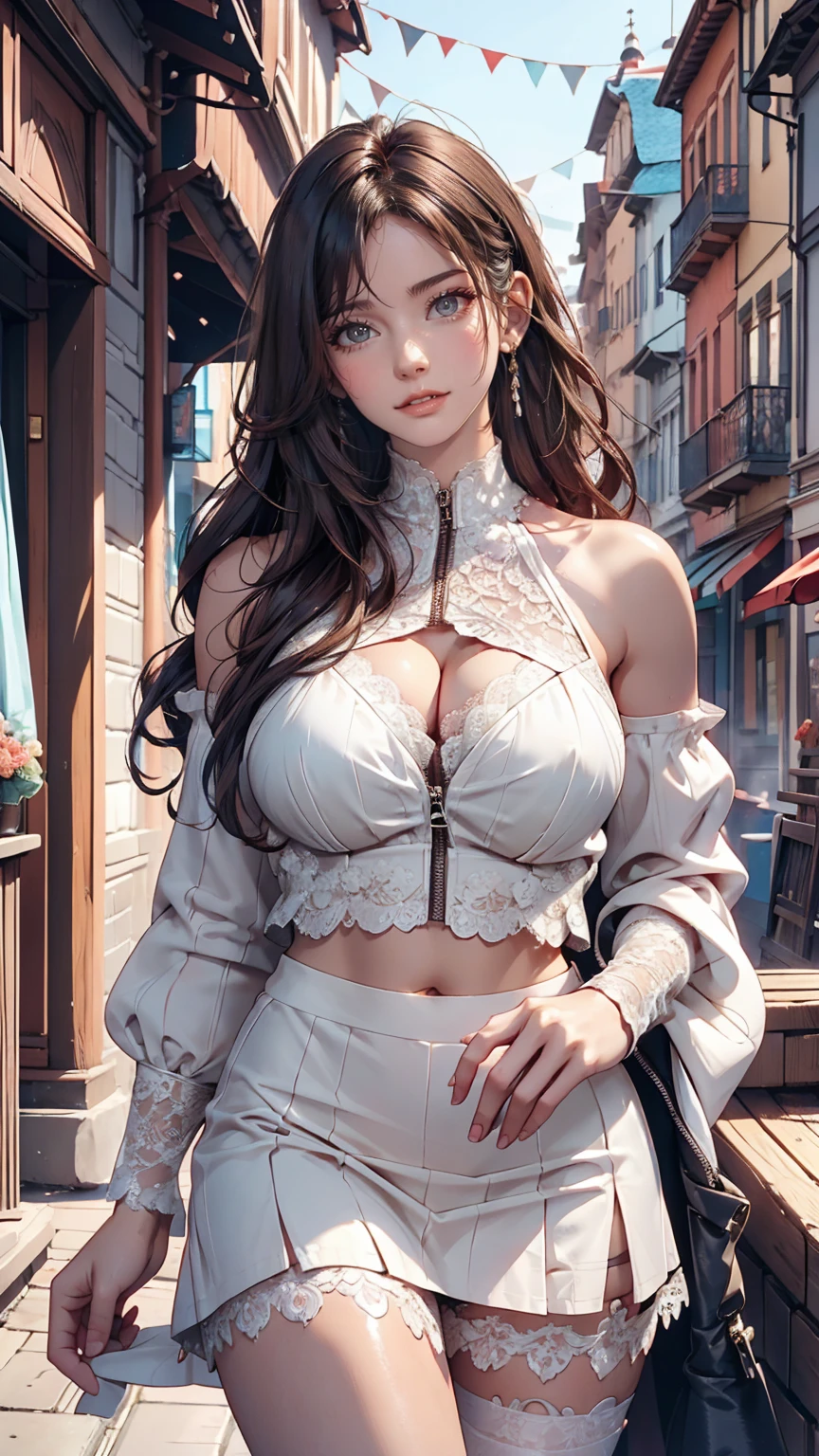 24-year-old woman、Beautiful appearance、Model Body Type、Sexy proportionesh dye on hair、Semi-long hair、Zipper-up high neck top、No sleeve、Lace-decorated arm covers、Low-rise micro mini skirt、Exposed thighs、European cityscape background