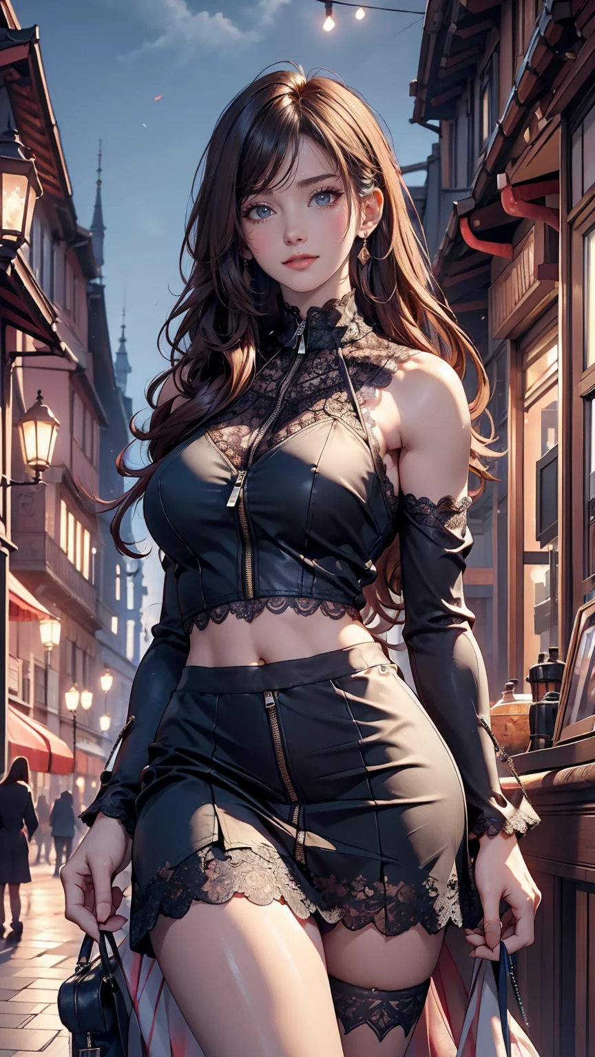 24-year-old woman、Beautiful appearance、Model Body Type、Sexy proportionesh dye on hair、Semi-long hair、Zipper-up high neck top、No sleeve、Lace-decorated arm covers、Low-rise micro mini skirt、Exposed thighs、European cityscape background