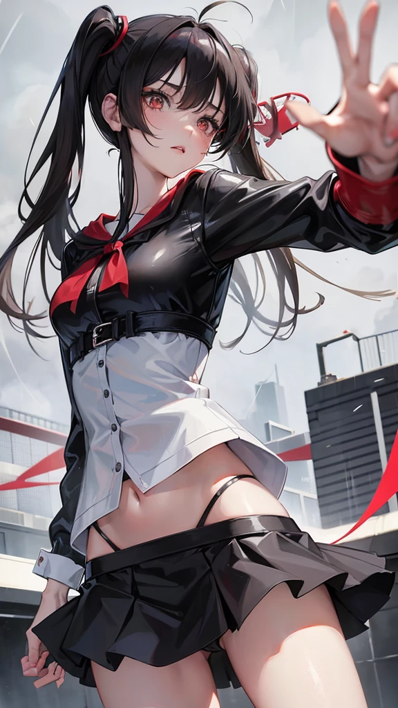 Anime, girl in a short miniskirt, panties visible, red-black hair, Twin Tail, in a beautiful area, rainy weather.