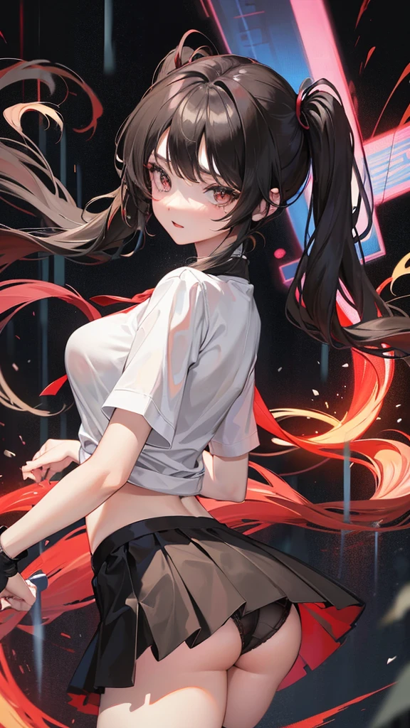 Anime, girl in a short miniskirt, panties visible, red-black hair, Twin Tail, in a beautiful area, rainy weather.