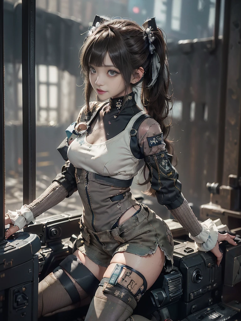 (Full Body View:1.5)、(Side view:1.1)、(Please smile with your teeth showing:1.3),(Shibuya Gal:1.5)、(Gothic Lolita style fashion:1.5)、(Tattered khaki and gray futuristic micro high leg bodysuit:1.5)、(Tattered Khakis and White Micro Fancy Sleeves:1.5)、(Tattered khaki micro shorts:1.5)、(Brown and khaki knee socks:1.3)、(camouflage:1.3)、(Military jacket:1.4)、Brown boots、Khaki gloves、internal、(The underwear is striped:1.4)、23 years old、(do a gravure pose:1.3)、((Highest quality、8K、masterpiece:1.3))、One girl、The beauty of slim abs:1.3、(Hairstyle Casual、Big Tits:1.1)、dress:1.1、Super small face、Narrow eyes、double eyelid、Laughter、Esbian all over、Dynamic Angle、Close-up、CPL Filter、Blurred Background、Bokeh、Blue Hour、Detailed face and skin texture、Detailed Eyes,(Twin tails:1.3)、(Brown Hair:1.4)、Gravure idol pose、(The background is the cockpit of the battlefield:1.3)、(The body is slim:1.2),(Slim legs:1.4),(clavicle:1.1)