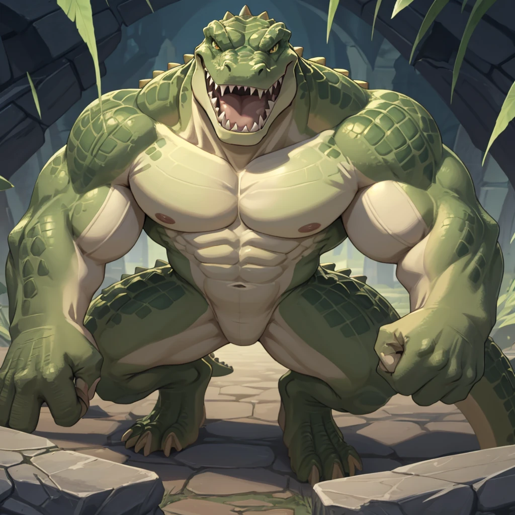 Libra, reptiles, Humanity, Crocodile, green body, scale, There is nothing there, Crocodilian, facial, Muscular, green scale, teeth、get annoyed、Fighting stance、Movement angle、Remains、(multiple、10)、From above